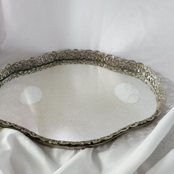 Vintage Ornate Metal Art Deco Vanity Mirrored Tray - Picture 2 of 12